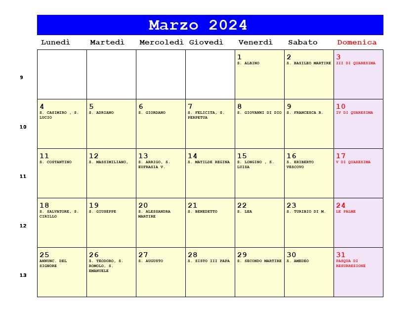 Calendario da stampare Marzo 2024