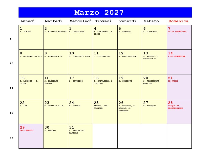 Calendario da stampare Marzo 2027