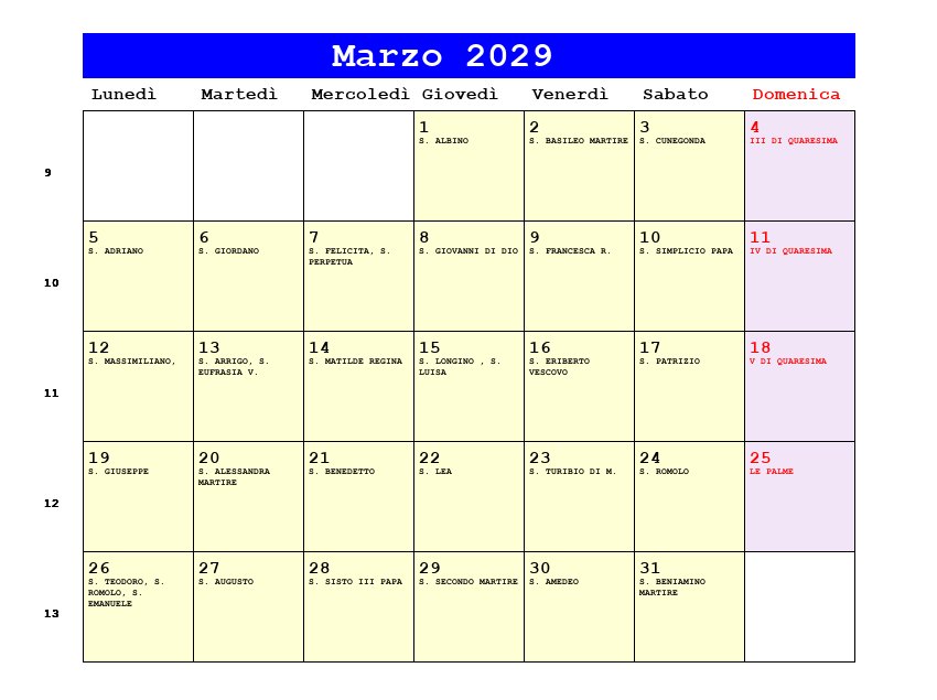 Calendario da stampare Marzo 2029