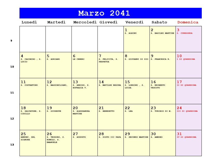 Calendario da stampare Marzo 2041