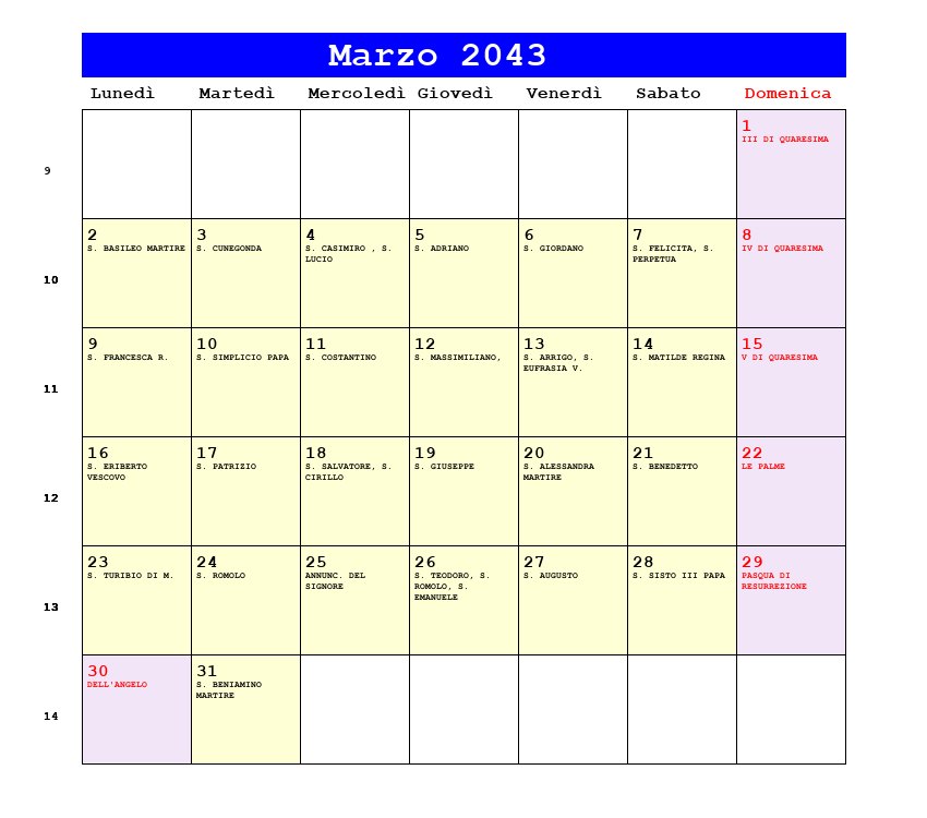 Calendario da stampare Marzo 2043