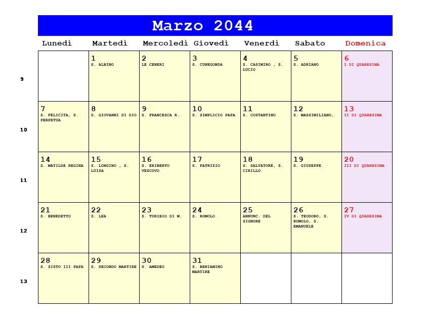 Calendario da stampare Marzo 2044