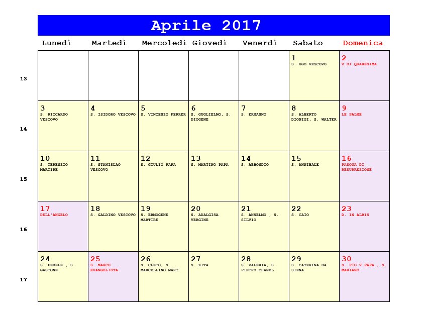 Calendario da stampare Aprile 2017