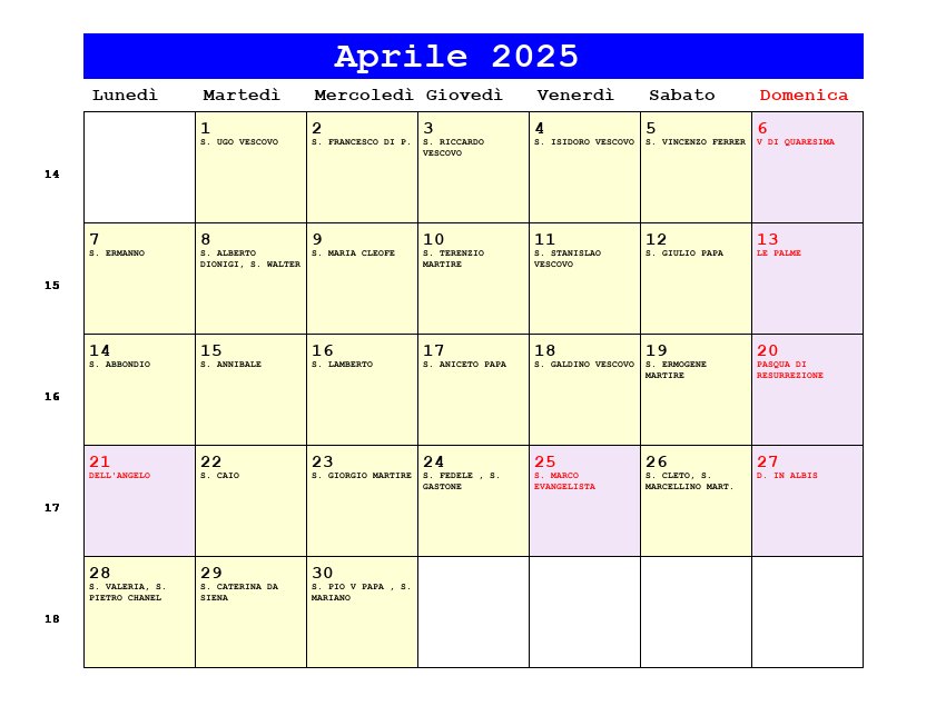 Calendario da stampare Aprile 2025