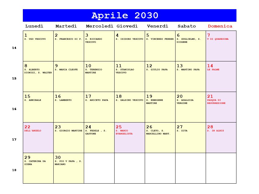 Calendario da stampare Aprile 2030