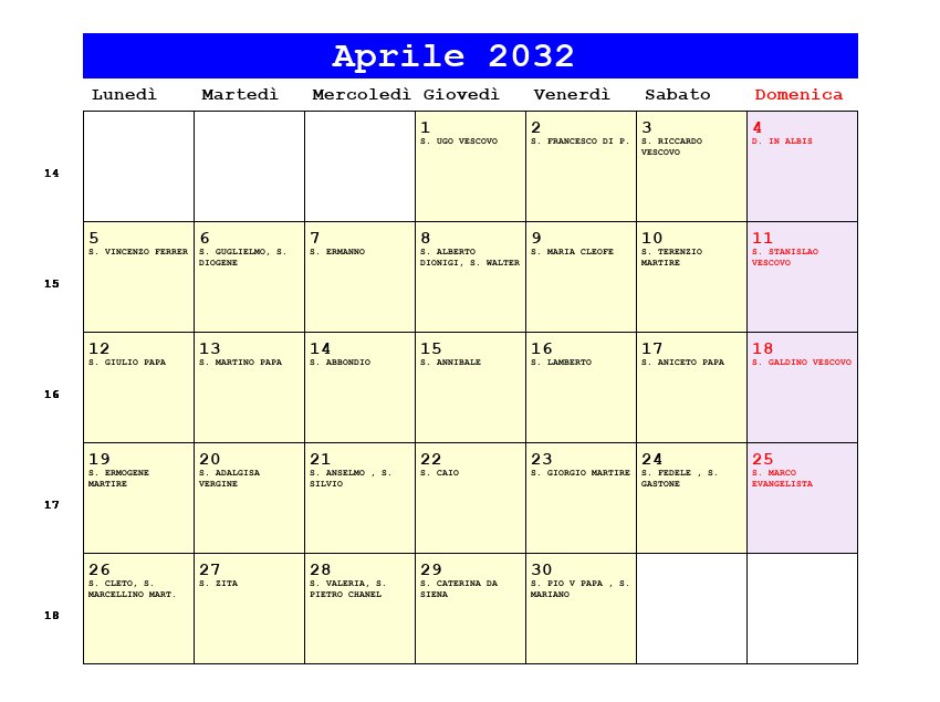 Calendario da stampare Aprile 2032