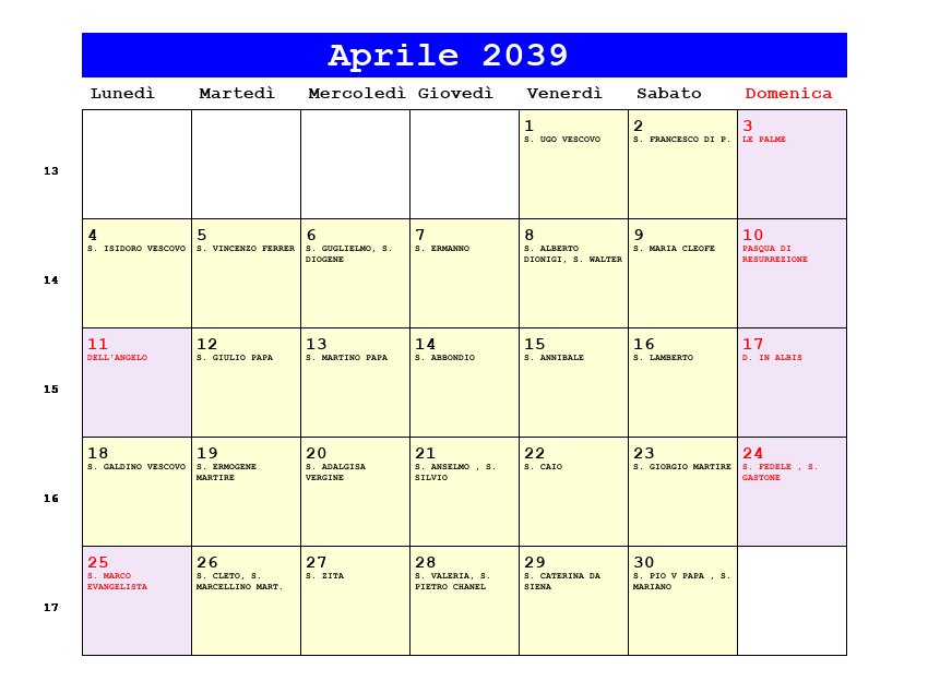 Calendario da stampare Aprile 2039