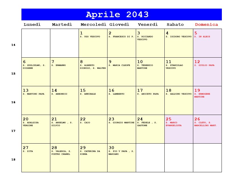 Calendario da stampare Aprile 2043