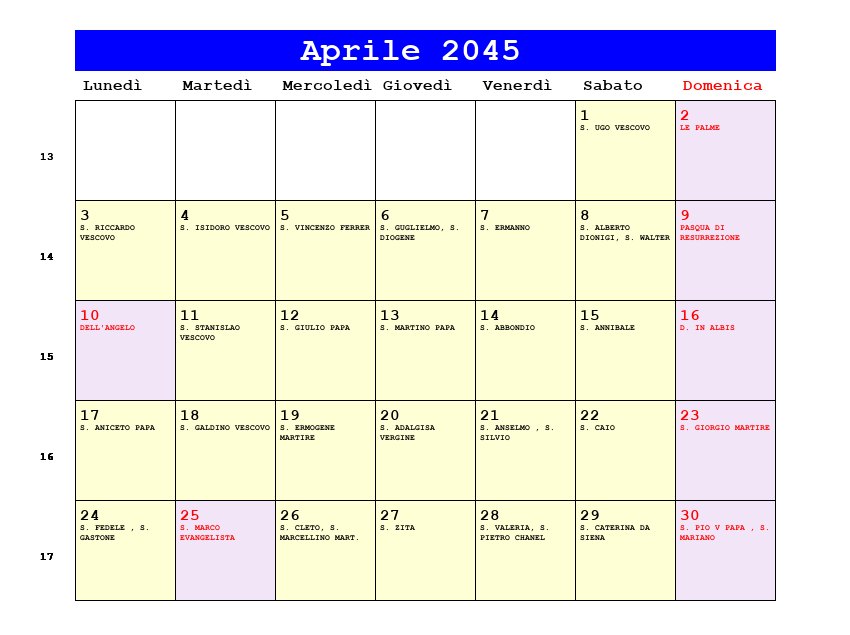 Calendario da stampare Aprile 2045