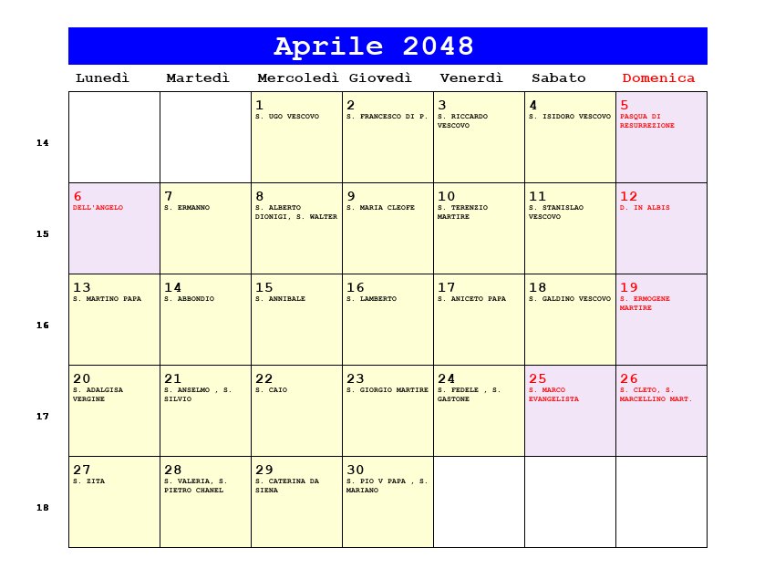 Calendario da stampare Aprile 2048