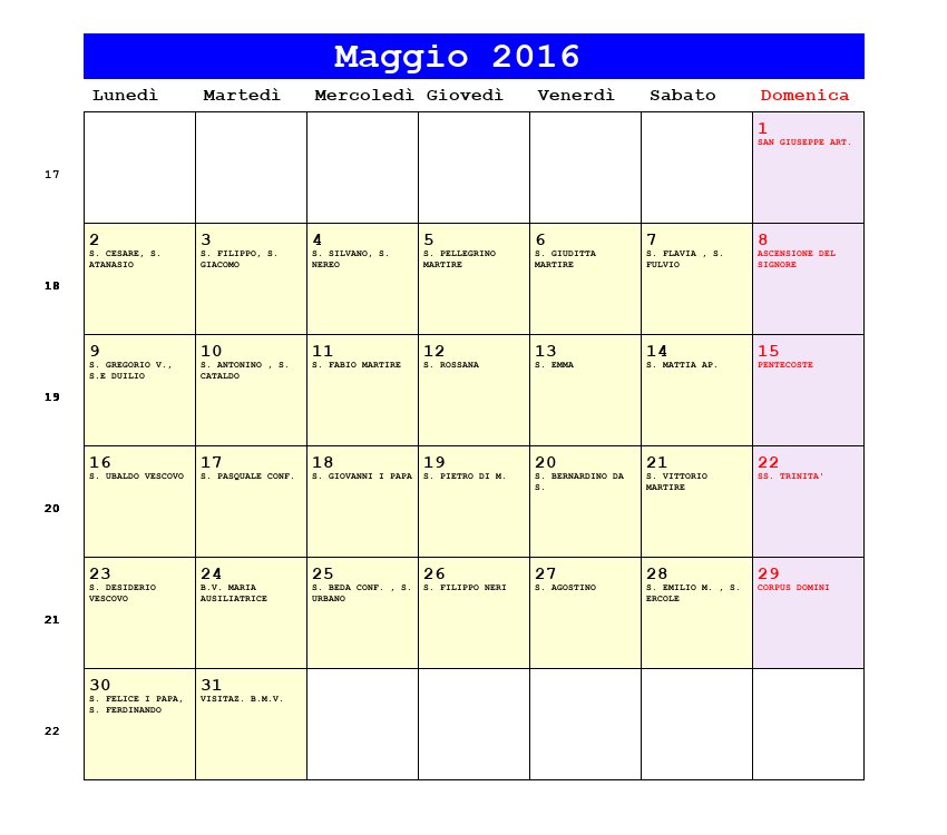 Calendario da stampare Maggio 2016