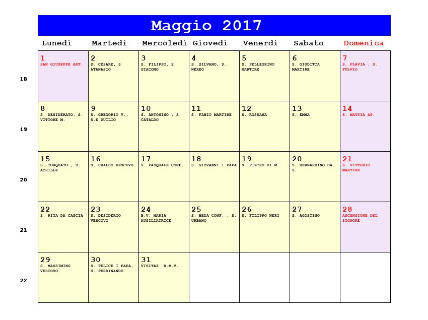 Calendario da stampare Maggio 2017