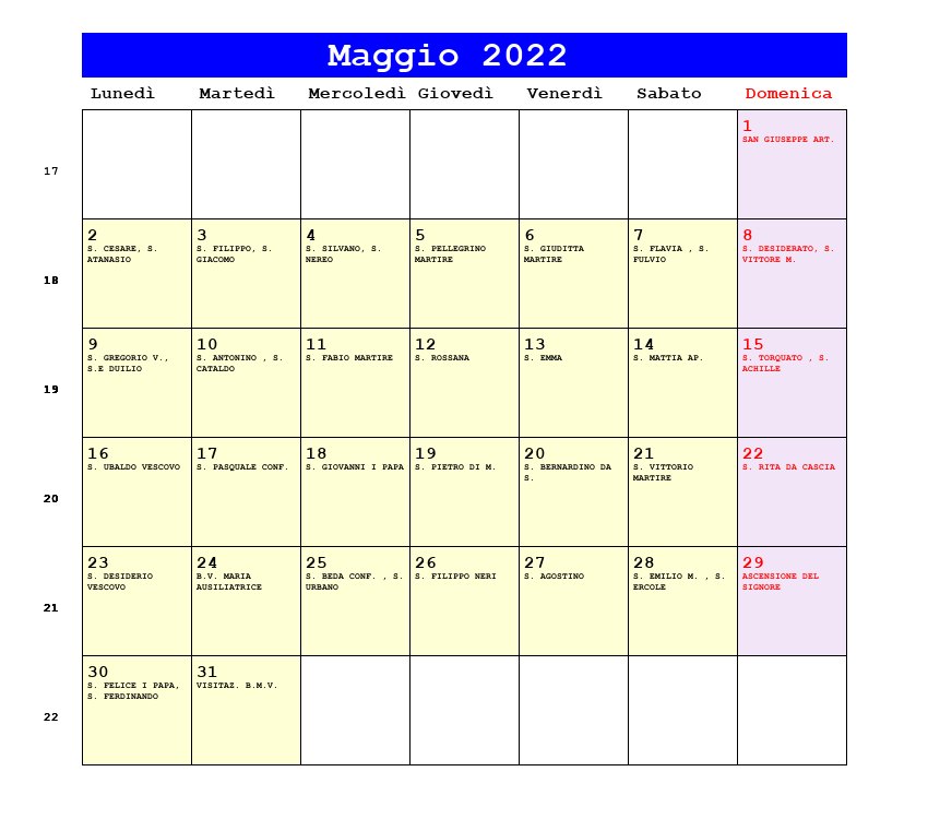 Calendario da stampare Maggio 2022