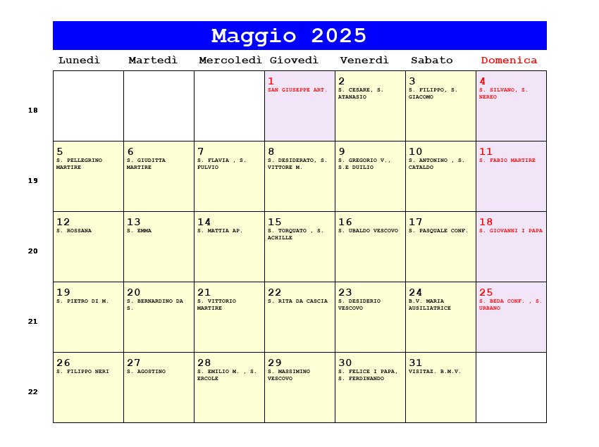 Calendario da stampare Maggio 2025