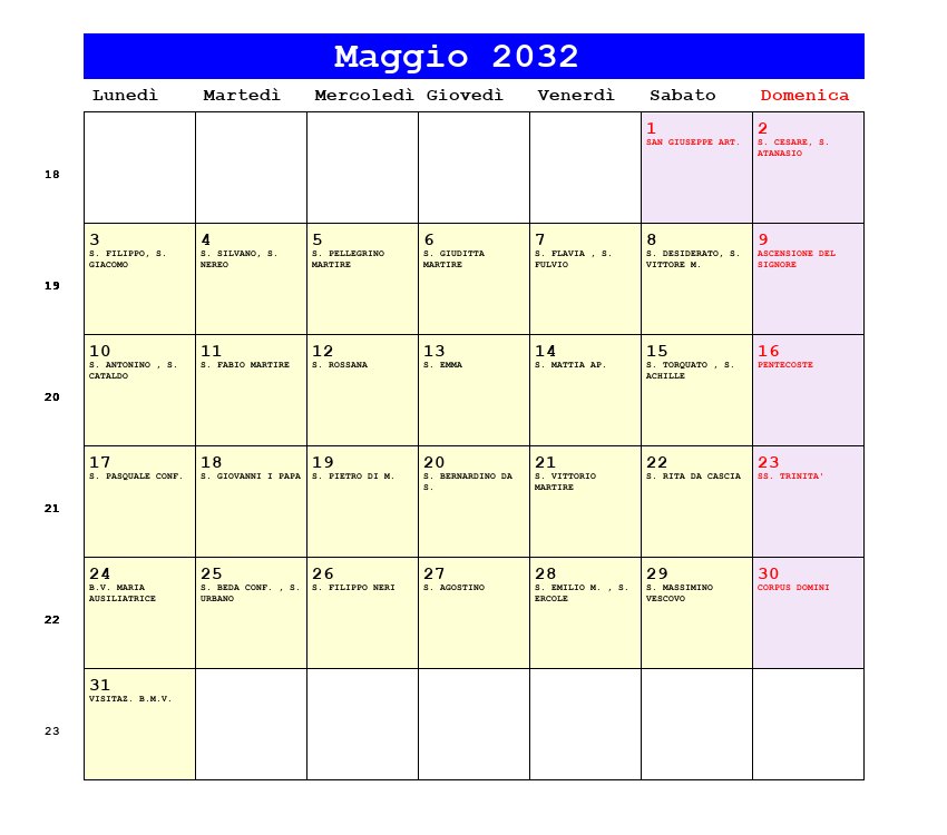 Calendario da stampare Maggio 2032