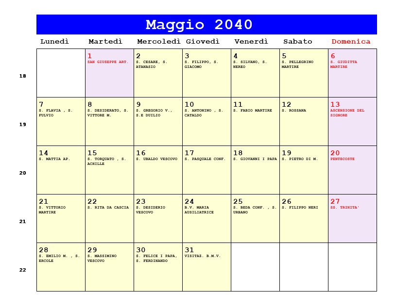 Calendario da stampare Maggio 2040