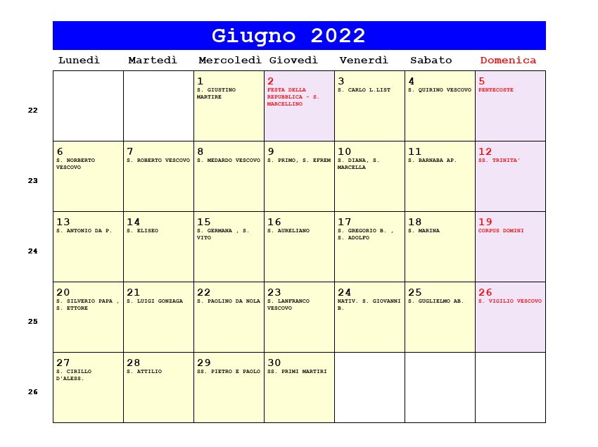 Calendario da stampare Giugno 2022