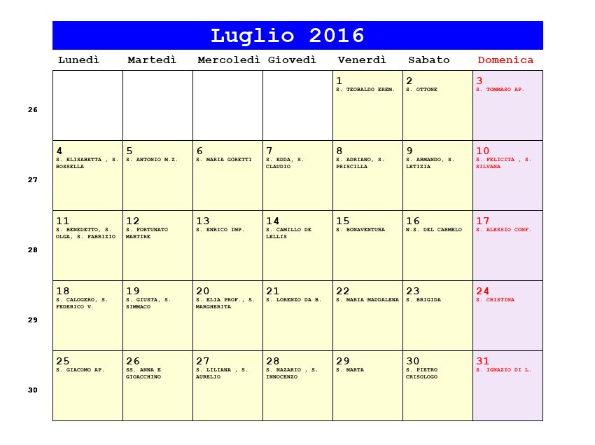 Calendario da stampare Luglio 2016