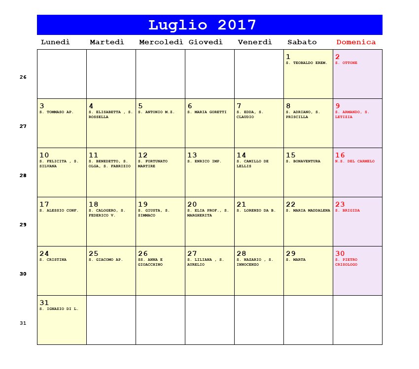 Calendario da stampare Luglio 2017