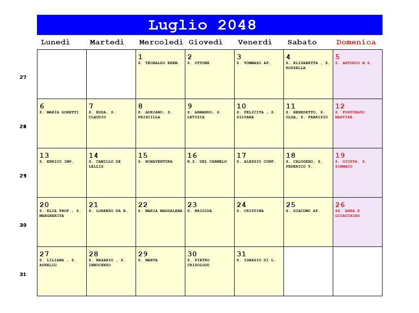 Calendario da stampare Luglio 2048