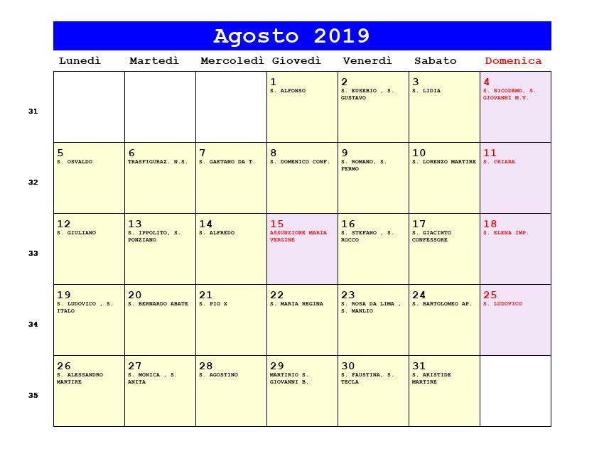 Calendario da stampare Agosto 2019