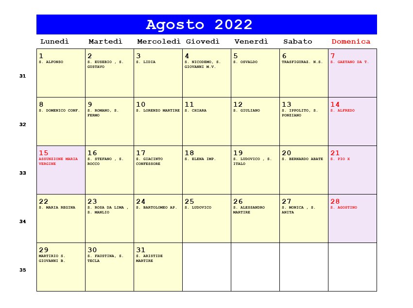 Calendario da stampare Agosto 2022
