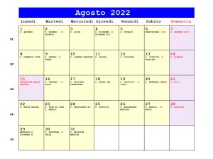 Calendario da stampare - Agosto 2022