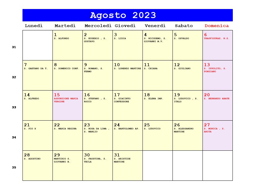 Calendario da stampare Agosto 2023