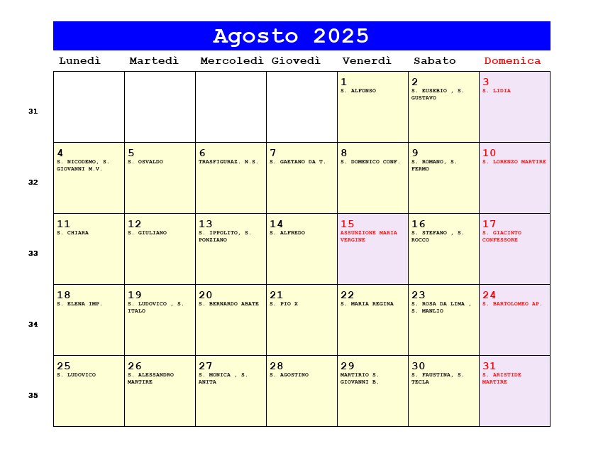 Calendario da stampare Agosto 2025