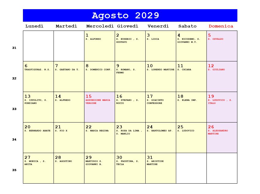 Calendario da stampare Agosto 2029