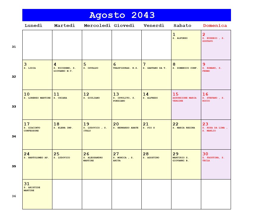 Calendario da stampare Agosto 2043