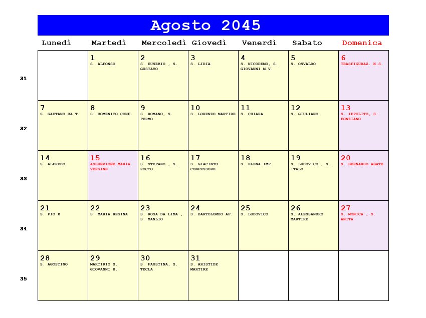 Calendario da stampare Agosto 2045