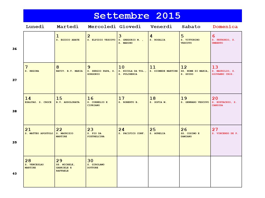 Calendario da stampare Settembre 2015