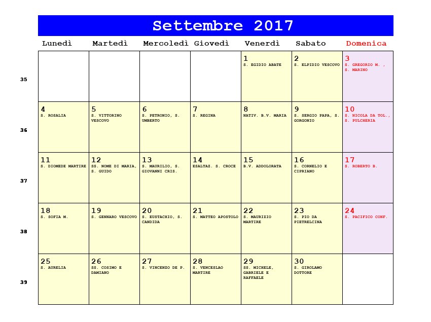 Calendario da stampare Settembre 2017
