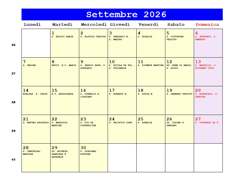 Calendario da stampare Settembre 2026
