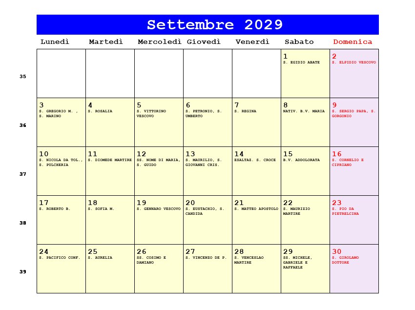 Calendario da stampare Settembre 2029