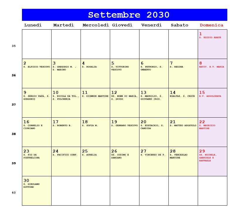 Calendario da stampare Settembre 2030