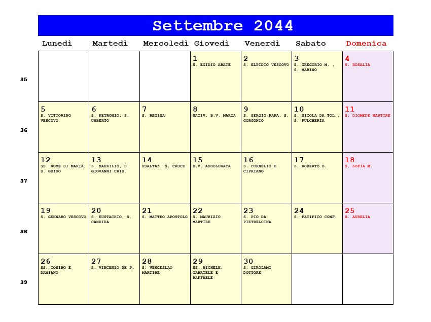 Calendario da stampare Settembre 2044