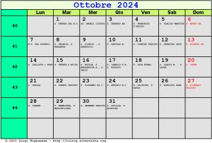 Calendario da stampare - Ottobre 2024