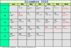 Calendario da stampare - Dicembre 2020