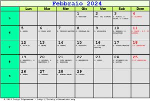 Calendario da stampare - Febbraio 2024