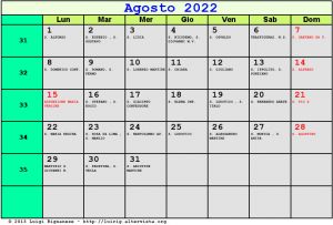 Calendario da stampare - Agosto 2022