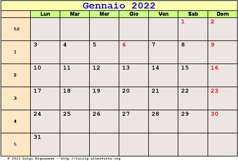 Calendario da stampare Gennaio 2022