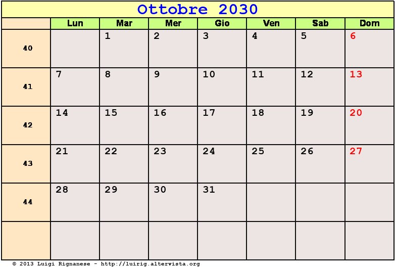 Calendario da stampare Ottobre 2030