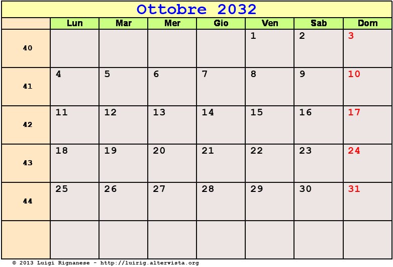 Calendario da stampare Ottobre 2032