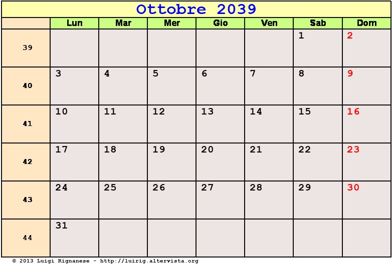 Calendario da stampare Ottobre 2039