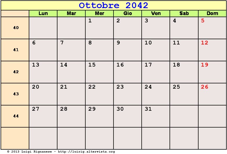 Calendario da stampare Ottobre 2042