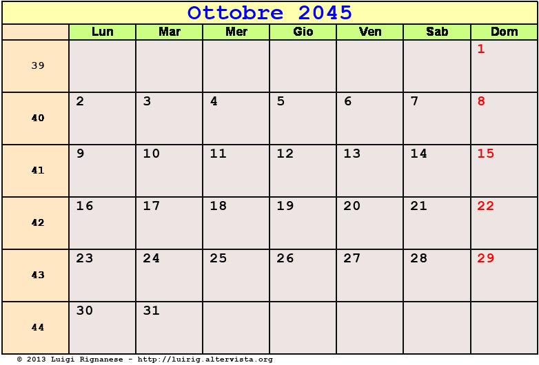 Calendario da stampare Ottobre 2045