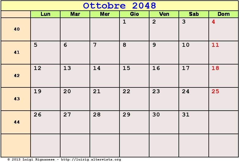 Calendario da stampare Ottobre 2048