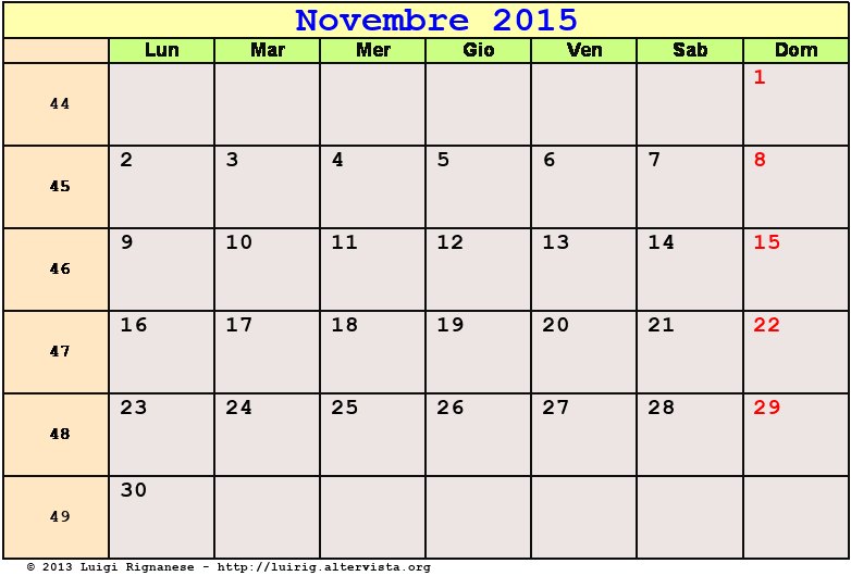 Calendario da stampare Novembre 2015